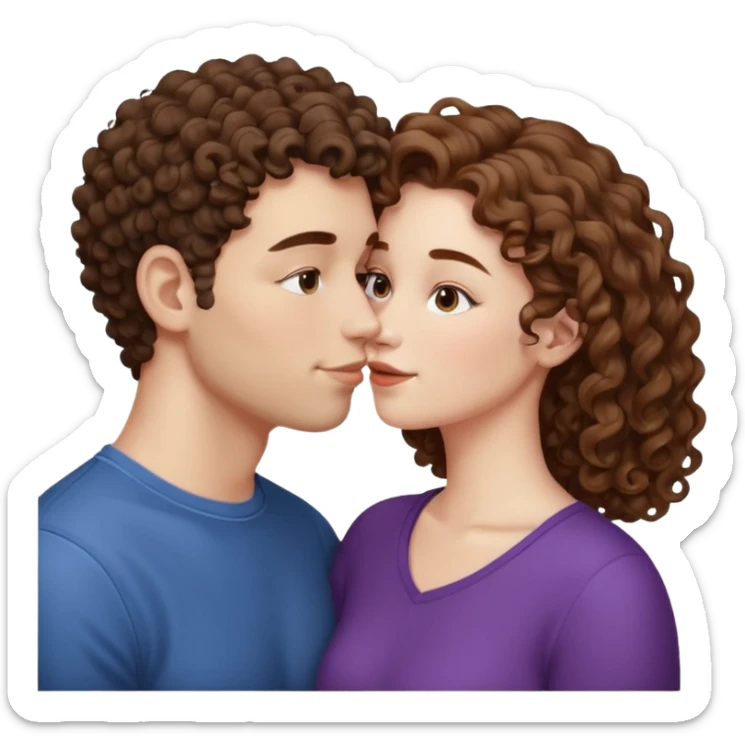 A couple kissing, the man would be white-skinned, mid fade-curly, brown-hair. The serious woman with white skin, brown color sticker
