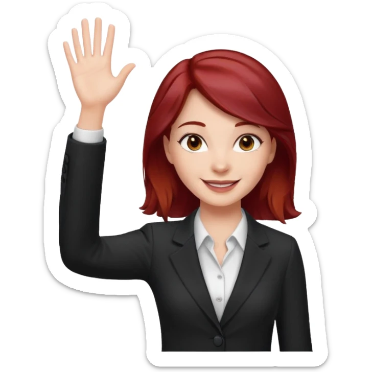 reate Emoji of white girl with bussines outfit is waveing with one hand and make her hair stronger dark red color please sticker