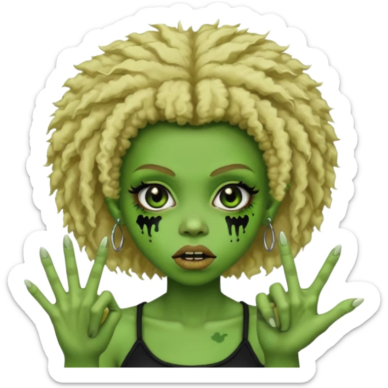 girl, green zombie,blonde afro, medium long, shaggy, dark, spooky,double eyebrow dermal piercing, two fingers up sticker