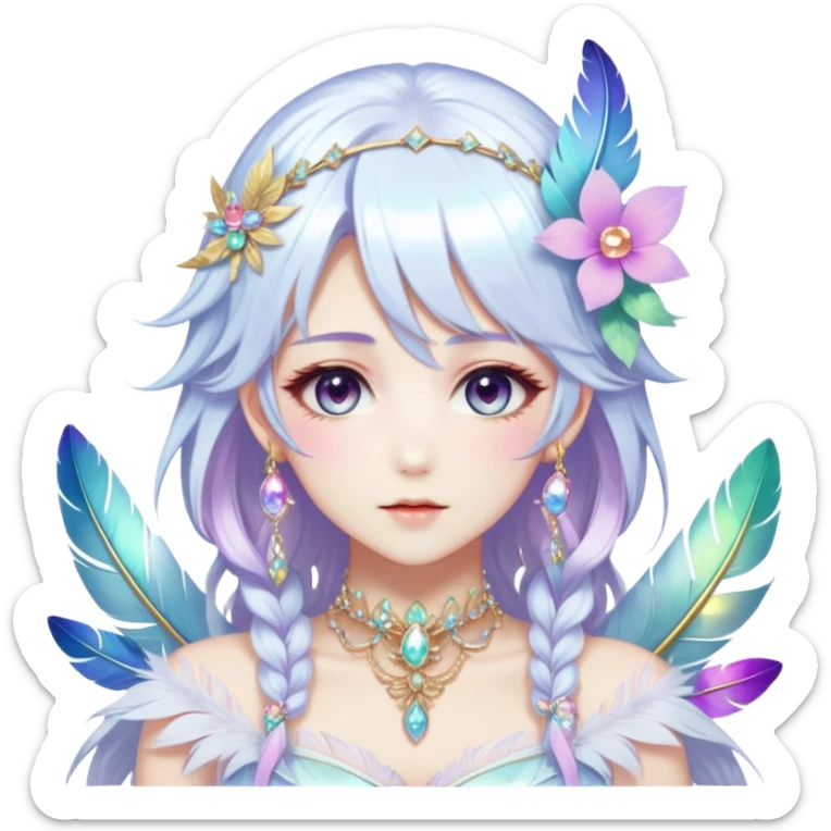 Beautiful gorgeous anime lady with beautiful iridescent-white-special-hair, fashion aesthetic, ethereal, fairycore, pastelcore, feather, flower, gems, accessories, jewelries, gold, colorful sticker
