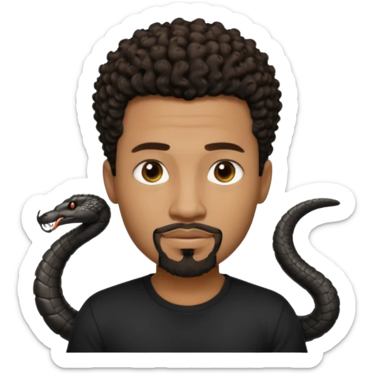 Homme noir, yeux marron avec un bouc sans la moustache, cheveux noir court et bouclé crépus avec un dégradé sur le côté, avec un cobra à côté , t-shirt noir  sticker
