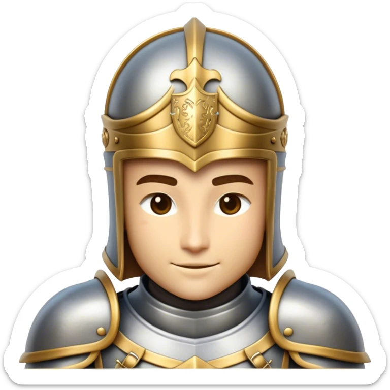 Clash of Clans aesthetic: Beautiful and Majestic Knight Portrait Emoji, Rendered in serene valor with a gentle, confident smile and regal bearing, showcasing a refined, elegantly armored form with polished heraldic accents and softly closed eyes in natural skin tone, Simplified yet exquisitely endearing features, highly detailed, glowing with a soft, majestic light, high shine, calm and heroic, stylized with an air of timeless chivalric grace, soft glowing outline, capturing the essence of a majestic knight whose noble spirit inspires epic quests! sticker