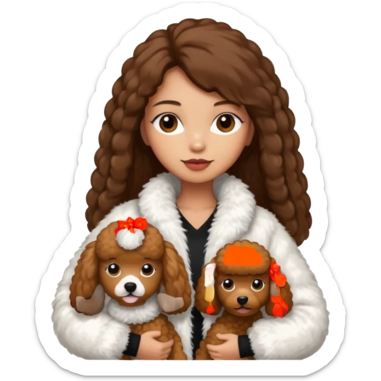 A girl with a long brown straight hair and wearing a fur white jacket holds a brown poodle sticker