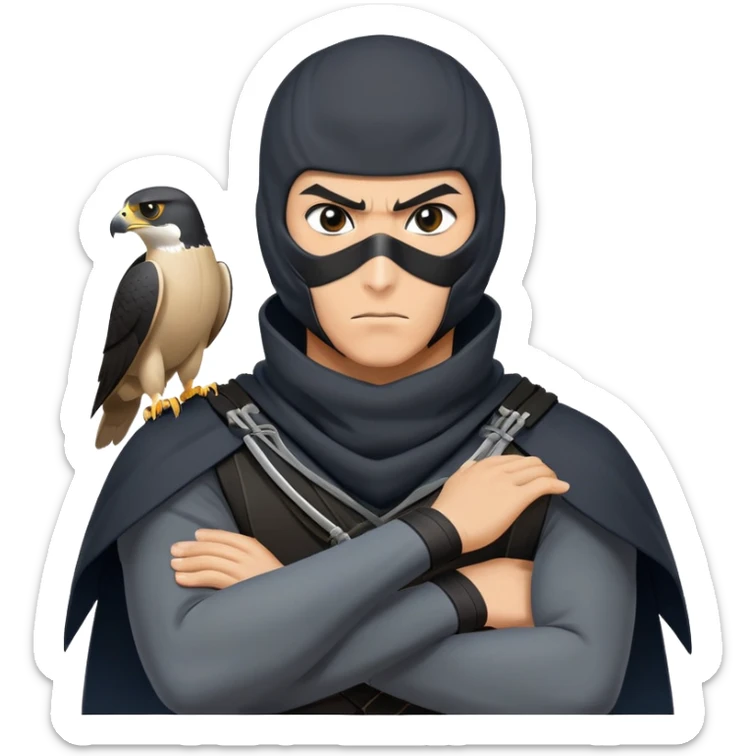 clash-of-clans-aesthetic_-cinematic-mysterious-male-ninja-portrait-emoji, rendered in a flat, vector-style with minimal shading and bold, simplified shapes, with a head slightly turned revealing intense, focused eyes. the ninja has his arm out and perched on top of it is  a peregrin falcon  sticker