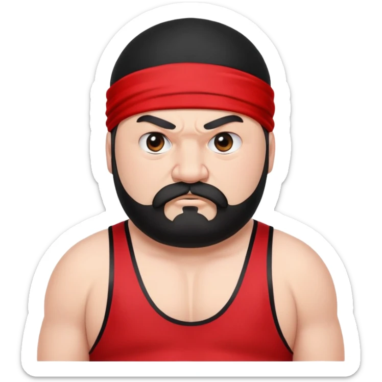 Close-up of extremely fat white skin guy with young face, prominent BLACK DURAG tied clearly on head, distinct black beard and mustache, no muscle, black eyes in a red and black wrestling singlet with angry face sticker