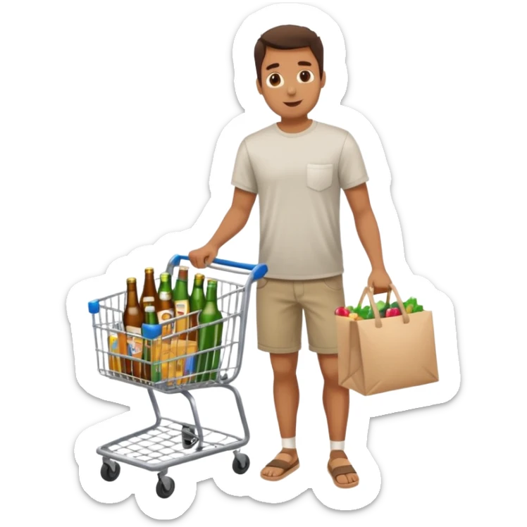 man with a shopping cart full of beers and wines full body sticker