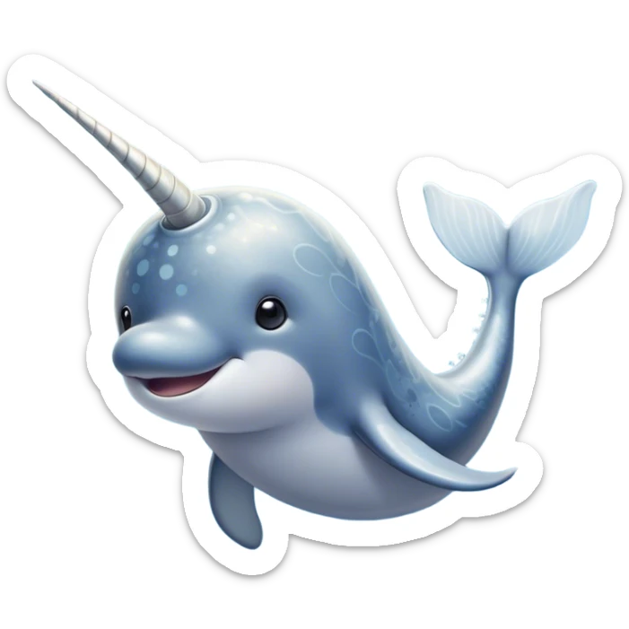 Cinematic Noble Cute Narwhal Portrait Emoji, Poised and graceful, with a streamlined, gently curved body clad in mottled, silvery-gray skin, accented by a long, spiraled ivory tusk and wide, expressive eyes radiating playful intelligence, Simplified yet sharp and sophisticated features, highly detailed, glowing with a cool, frosted ocean glow, high shine, intelligent and enigmatic, stylized with an air of whimsical marine majesty, focused and graceful, soft glowing outline, capturing the essence of a watchful and confident cute narwhal that appears ready to glide out of the screen with effortless charm! sticker