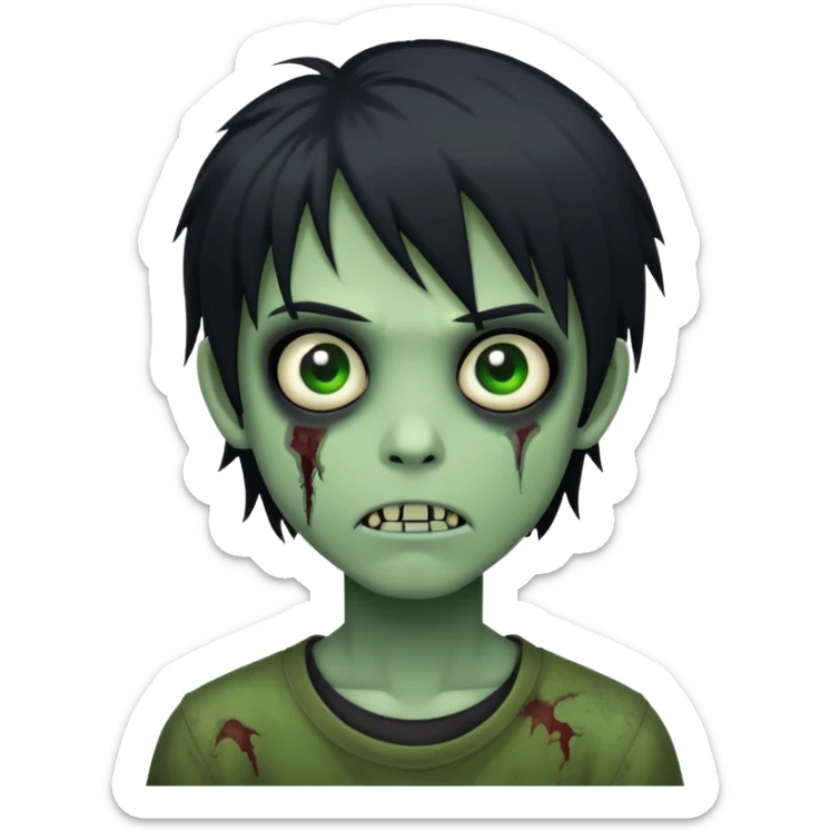 creepy boy zombie, black medium-long emo hair, green skin, dark and spooky sticker