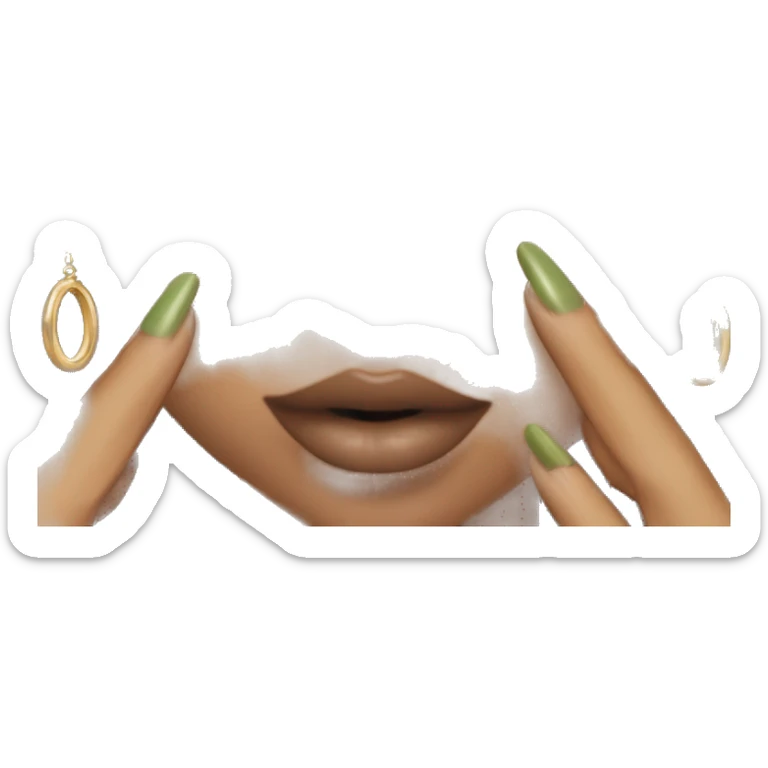 Glamorous, streetwear, black hair, long wavy hair, olive skin, green almond eyes, winged eyeliner with big lashes, wearing hooped earrings, rings and bracelets, almond fake nails sticker