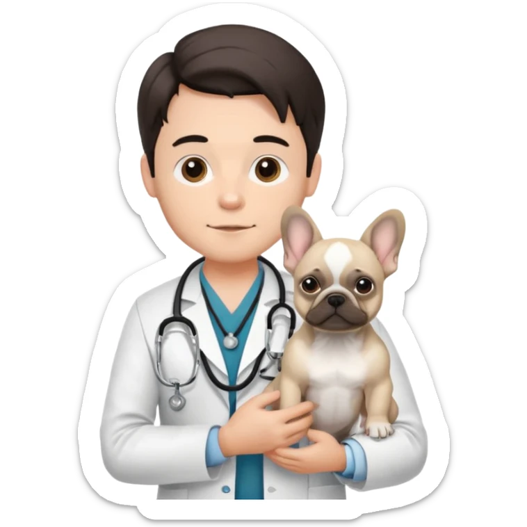joven médico con el pelo un poco largo pero no tanto y lacio, que tenga un estetoscopio de color de tez negra que sostiene un bulldog francés blanco sticker