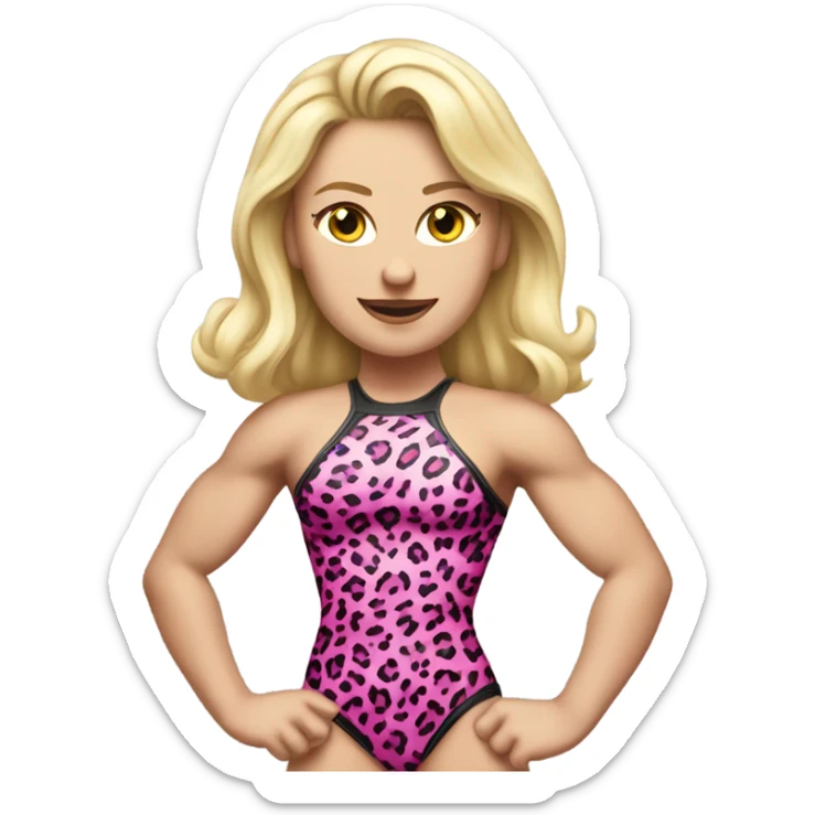 Tall blonde Caucasian muscular woman wrestler wearing a pink leopard print leotard blowing a kiss sticker