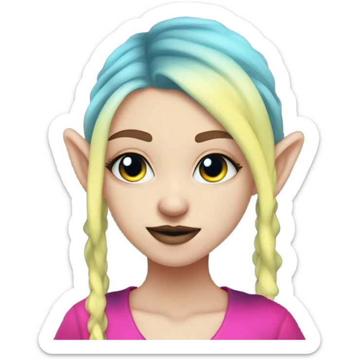 Blue eyed long eye lashes blonde  pale hime gyaru girl, hot pink and yellow split-dyed hair, nose ring, elf ears, dark makeup, punk clothes sticker