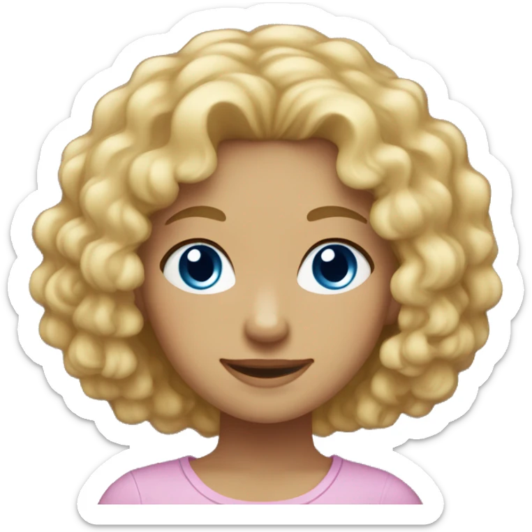 A girl with blond curly hair below the shoulders, light-skinned, blue eyes, gentle smile sticker