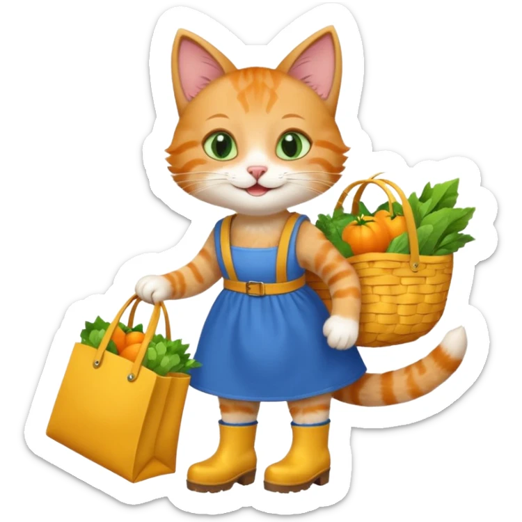 smiling-cat-in-a-blue-dress,-yellow-boots,-carrying-a-market-bag sticker
