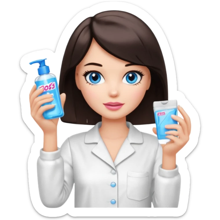 Barbie girl with makeup, blue eyes , and bob haircut, short dark brown hair in white pajamas, face gel in hand sticker