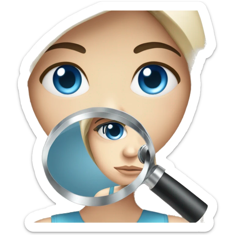 white girl with black hair and blue eyes holding a magnifying glass and suspicious look sticker