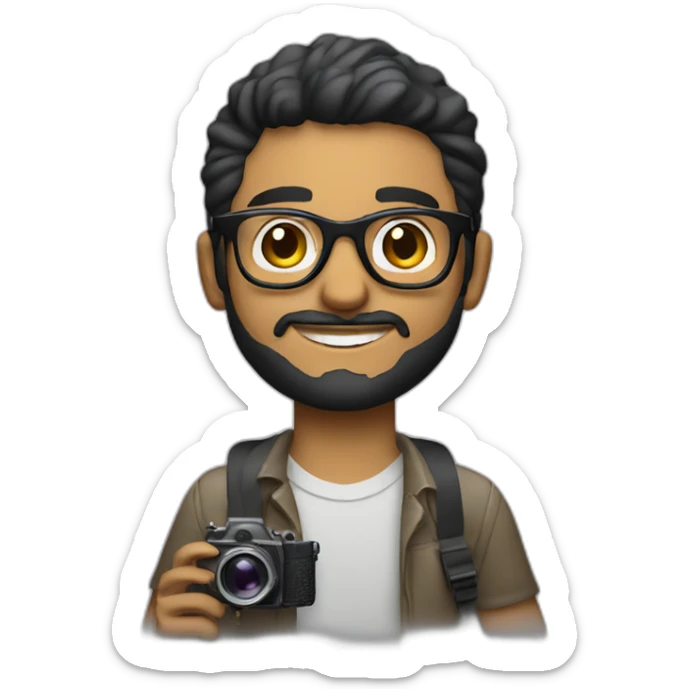 Young Latino film director with small beard and glasses holding a super 8 mm camera sticker
