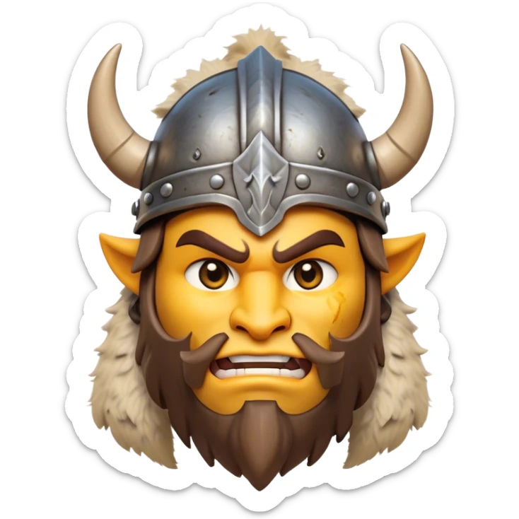 Clash of Clans aesthetic friendly Barbarian Portrait Emoji, Poised and bold with a rugged yet cartoonish build in tattered furs and a horned helmet, his face rendered in a natural skin tone (not yellow), expressive bright eyes and a confident smirk, Simplified yet dynamic features, highly detailed, glowing with a vivid, adventurous aura, high shine, heroic and spirited, stylized with an air of medieval warrior charm, focused and energetic, soft glowing outline, capturing the essence of a fearless barbarian adventurer ready to lead his clan with spirited valor! sticker