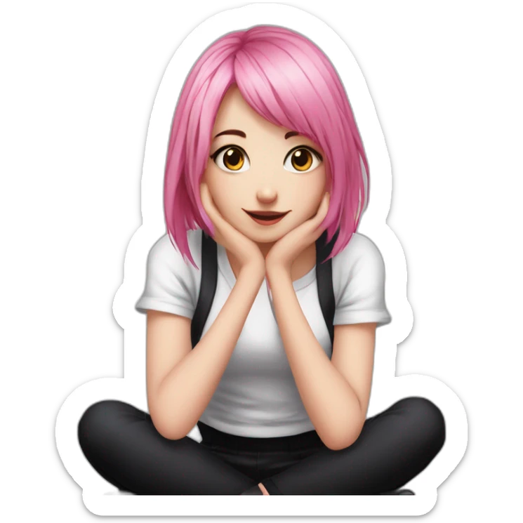 Full body Front view curvy emo girl pink hair sits on the floor straight view hands up black skirt белые трусики sticker