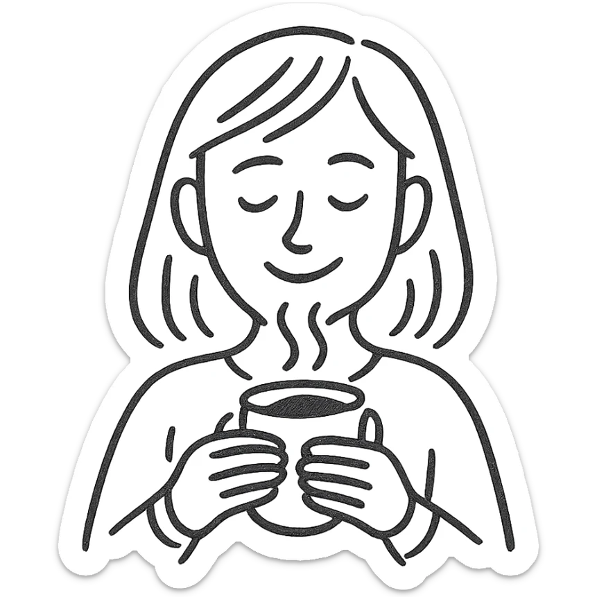 hand-drawn pen sketch emoji of a woman enjoying coffee, smiling softly, holding a steaming cup with both hands, minimal color or just black lines, simple casual style, relaxed cozy atmosphere, clear facial expression sticker