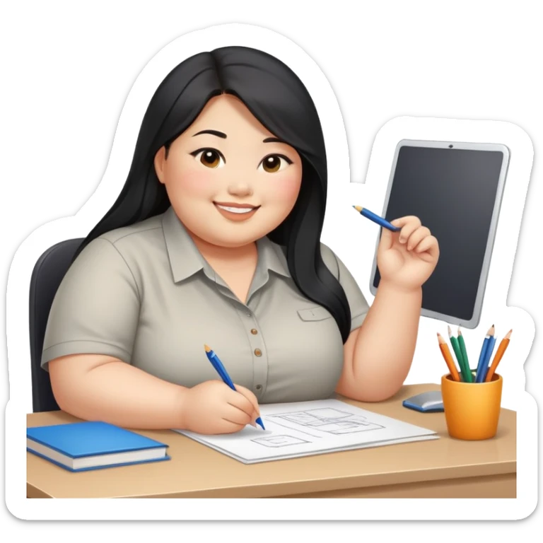 obesity Asian woman with black long hair smiling business casual shirt drawing something sitting white desk sticker