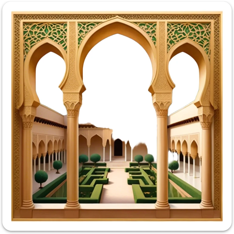​Cinematic Realistic Alhambra, depicted as a panoramic, zoomed-out view of the entire majestic Moorish palace complex with intricate arches, expansive courtyards, and lush gardens, bathed in soft golden lighting that highlights its opulent historical beauty, sticker