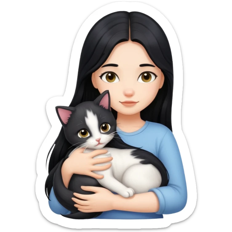 A girl with long black hair tightly hugged a kitten sticker