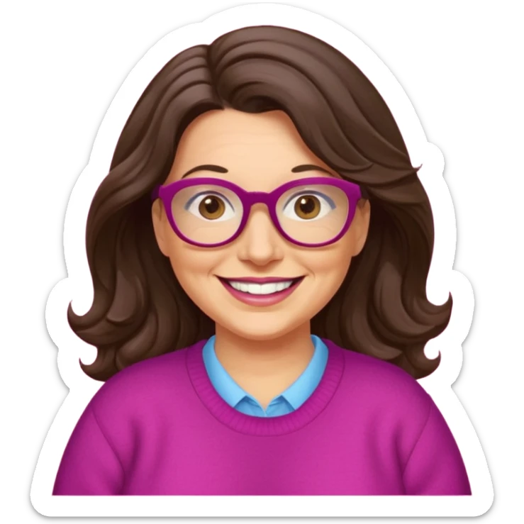 50 yr Caucasian woman, long dark brown hair parted on side, brown eyes, brown glasses, big smile, white teeth, fuscia sweater, chubby, wavy hair sticker