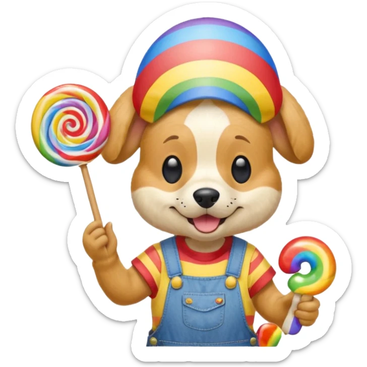 Generate a emoji of a dog with a comically large rainbow swirly lollipop with a goofy silly propeller hat, make the dog wear a striped bright yellow, red, and blue shirt with jean overalls sticker