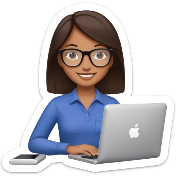 woman with tan skin, chest-length straight dark-brown hair and glasses, smiling and holding mac computer sticker