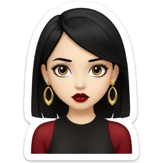 A light skinned girl with black hair, black eye, straight hair, big eyes, dark red lipstick, wearing black crop top and gold earrings, nosepiece  sticker