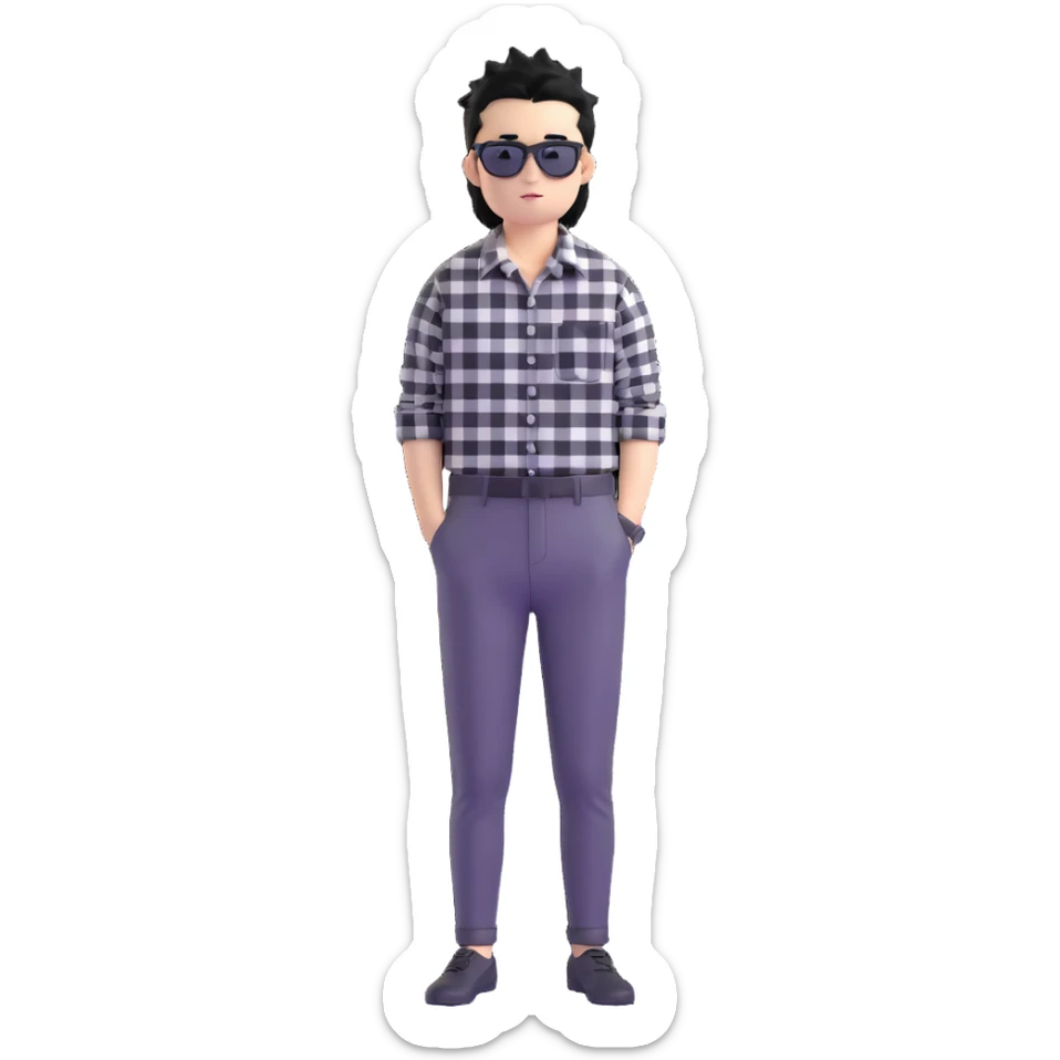 Satoru Gojo from Jujutsu Kaisen with spiky black hair, wearing black and white checkered shirt, black pants, confident expression, sunglasses on top of head sticker