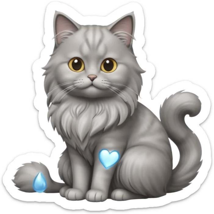 A 3D cartoon silver-gray British Longhair cat with flowing fur and soft reflections, calm sitting pose, Memoji-style rendering. full body or half body. sticker