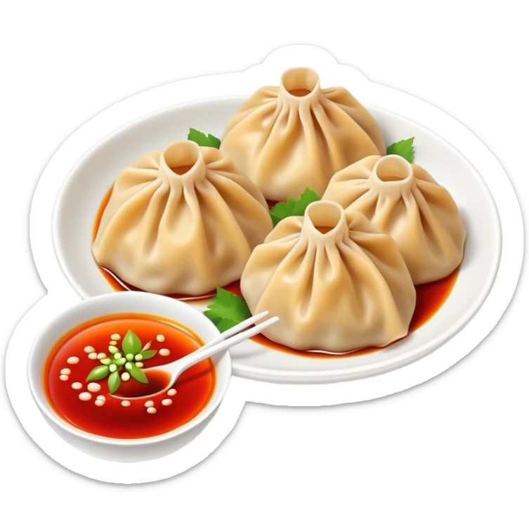 Chengdu Zhong dumplings with red oil sauce, simplified emoji style with bold outlines and bright colors, cartoon style Sichuan spicy water dumplings sticker
