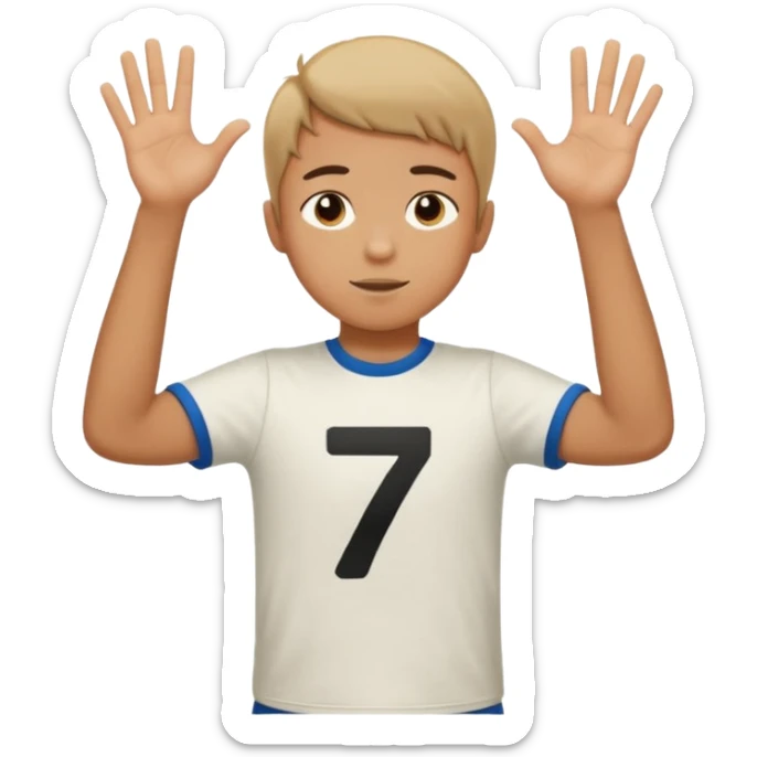 Boy doing 67 with hands in the air up to his chest and he is holding 6 in one hand and seven in the other sticker