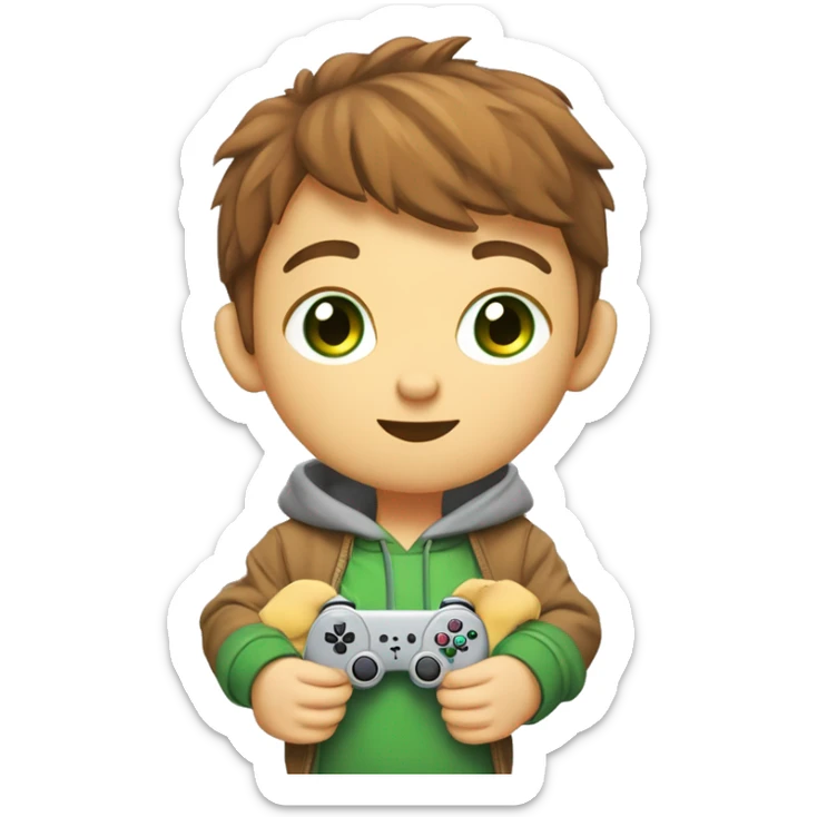 Young cartoon character,
short chestnut hair, green eyes,
grey hoodie, holding controller,
gaming items around, giraffe nearby,
lion cub, playful expression, cool style,
modern look, green background sticker