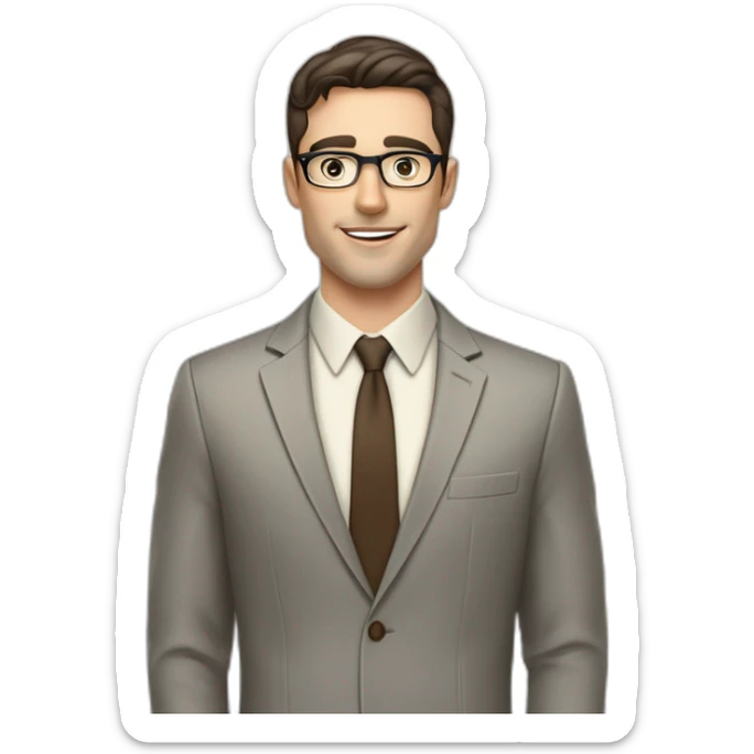 Pale skinned fit man with dark brown hair in gray jacket, beige office shirt, brown tie, brown pants and vintage glasses Writing text on a marker board sticker