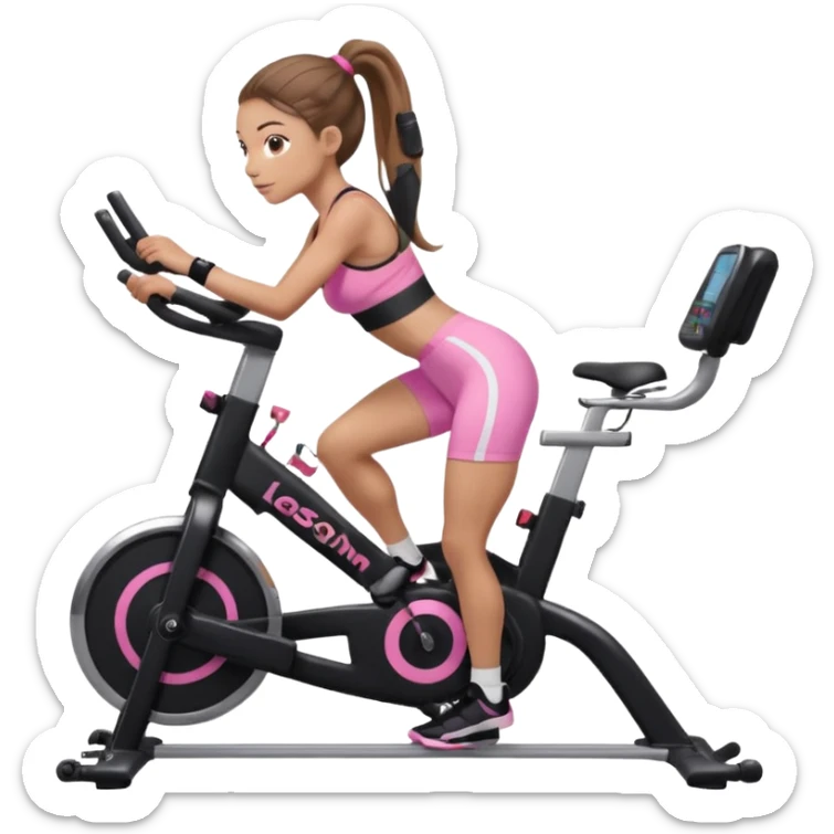 Light skin girl with long light brown hair in a pony tail, black workout set leaning on a indoor spin bike with NO HELMET, can we add a pink sports bra  sticker