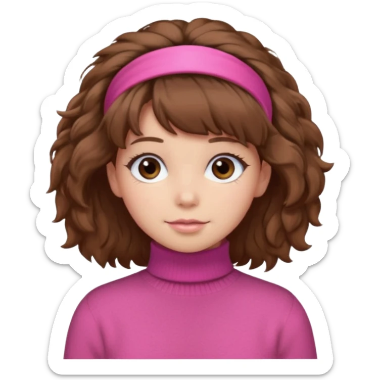 brown fluffy haired girl with pink turtleneck sweater and hair band sticker