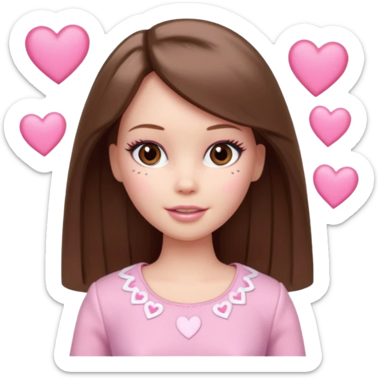 Barbie girl and  makeup , brown straight hair and brown eyes is In pale pink clothes There are pink hearts all around sticker