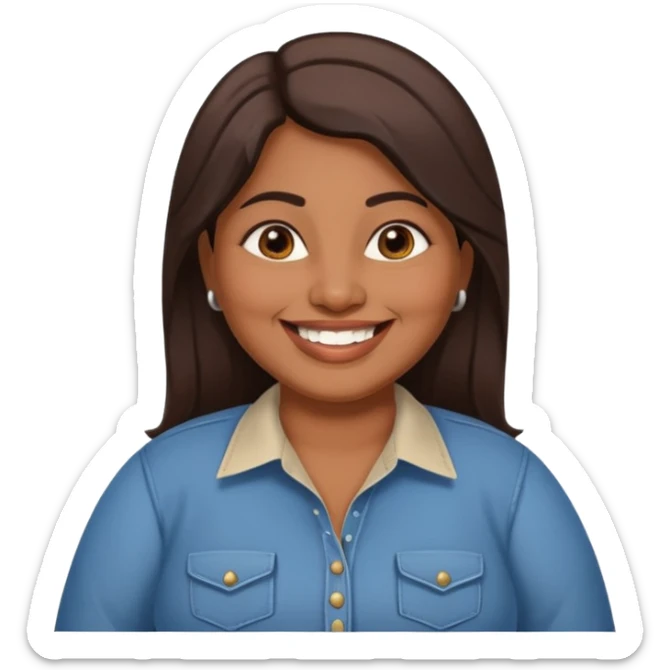 40 yr old chubby indian woman, dark skin, straight brown hair, big smile, white teeth, western clothes sticker