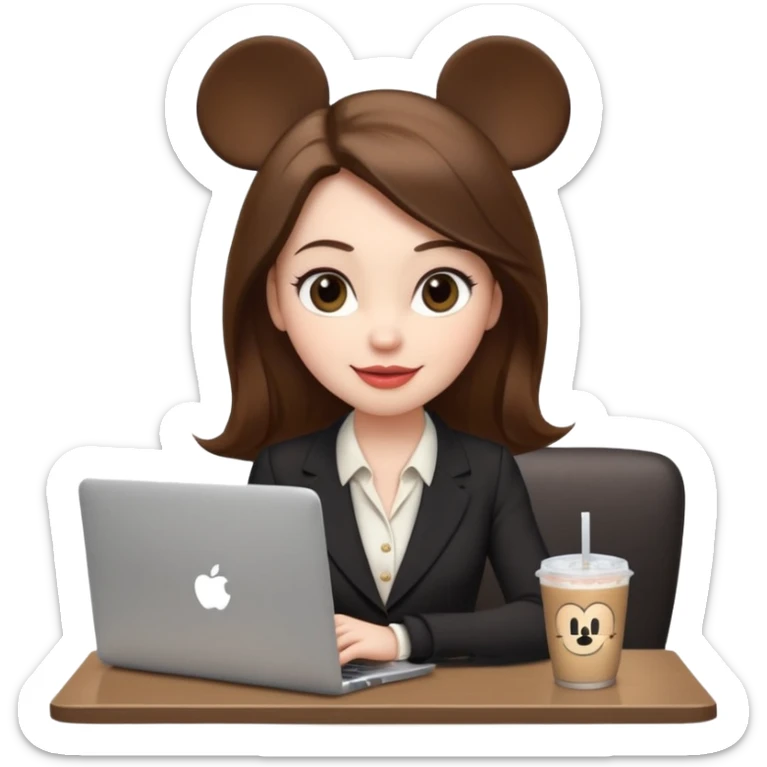 Women in front of one laptop that has a Mickey sticker on it, with a happy face, face a little fuller, lips plump, full eyebrows, long brown hair, light brown big eyes, light pale skin with a iced coffee on the side, business attire, who is typing sticker