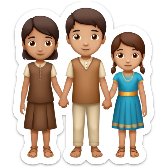 two Indian children (boy and girl) holding hands, boy lighter brown, girl medium brown, both age 5-6, simple background sticker