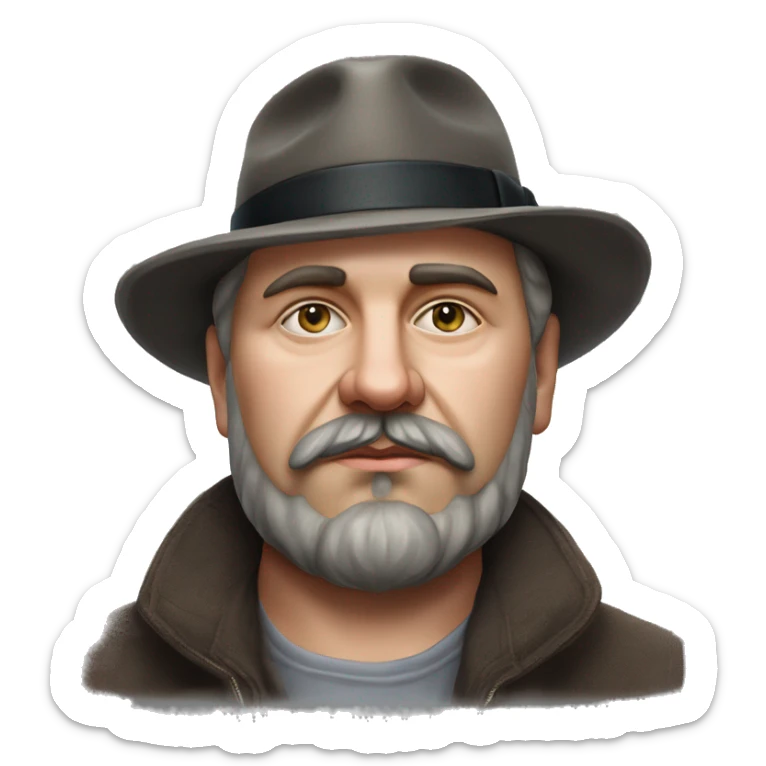 Russian writer Alexander Kuprin Photorealism A plump serious man of Slavic appearance with Small eyes with goatee beard and mustache, with a  short haircut, big detailed face, wrinkled face, wearing a fedora hat sticker