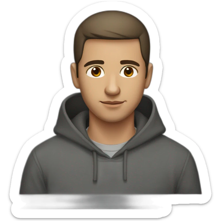 A Russian guy with a short haircut like a drake, brown eyes and a dark gray hoodie sticker