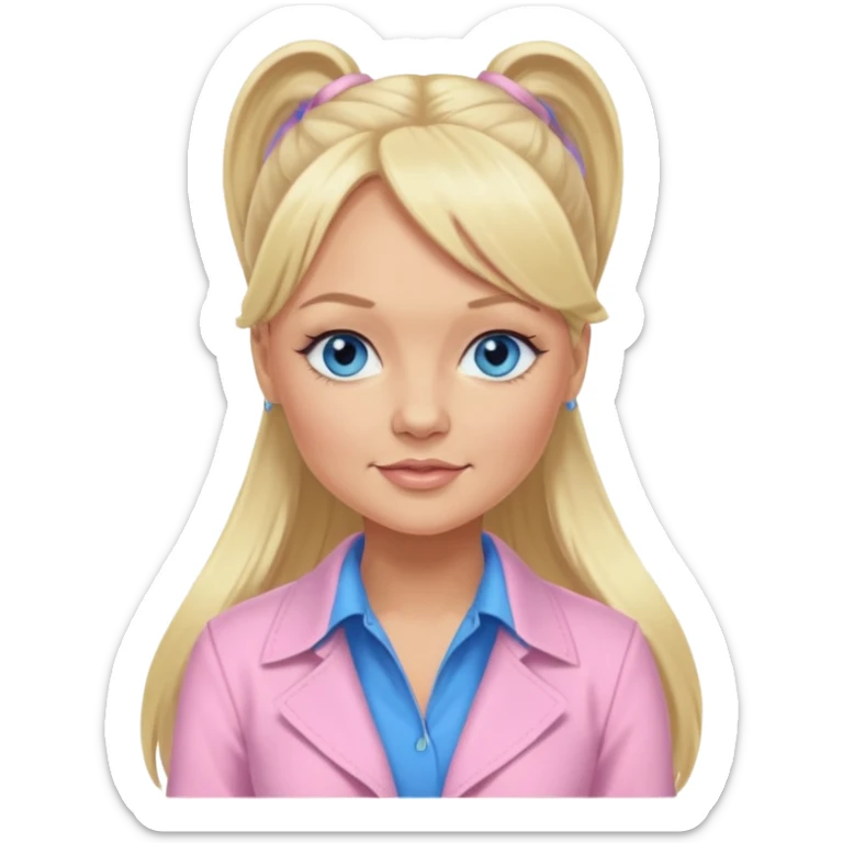 Emma Bunton with long blonde ponytail hair, blue eyes, light pink outfit sticker