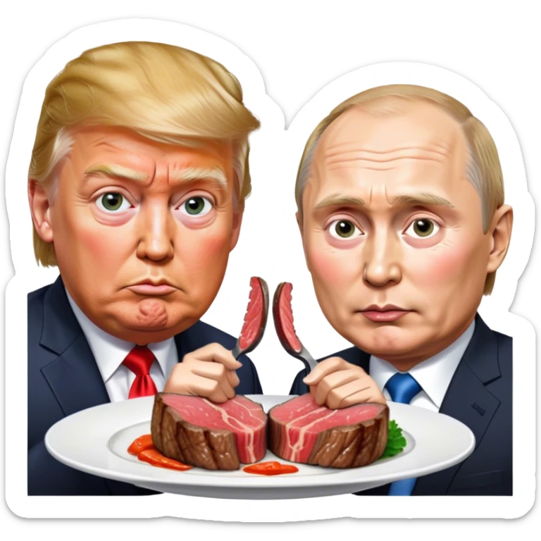photorealistic Donald Trump and Putin eating a steak shaped like an piece of land sticker
