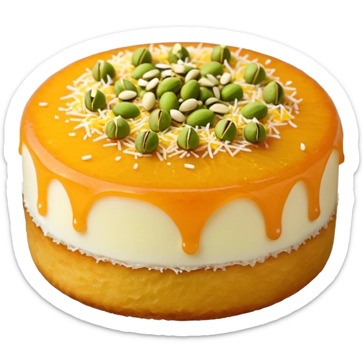 A small round emoji of traditional kanafeh with golden-orange crispy threads, a gooey white cheese center, and a light sprinkle of green pistachios. Warm and delicious-looking. sticker