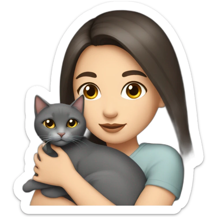 beautiful woman with dark long straight hair and brown eyes hugs a grey cat  sticker