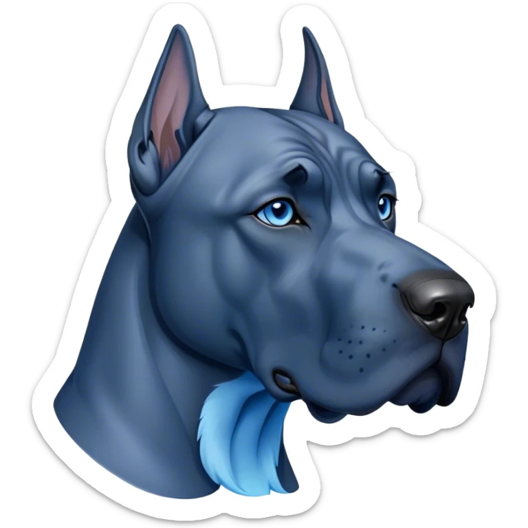 Cinematic Noble Blue Great Dane Portrait Emoji, Poised and regal, with a towering, muscular build and a sleek, well-groomed deep blue Fur, deep-set soulful steel-blue eyes, Simplified yet sharp and sophisticated features, highly detailed, glowing with a cool, dignified glow, high shine, intelligent and commanding, stylized with an air of majesty, focused and attentive, soft glowing outline, capturing the essence of a watchful and authoritative guardian, so majestic it feels as though it could stride out of the screen with effortless authority! sticker